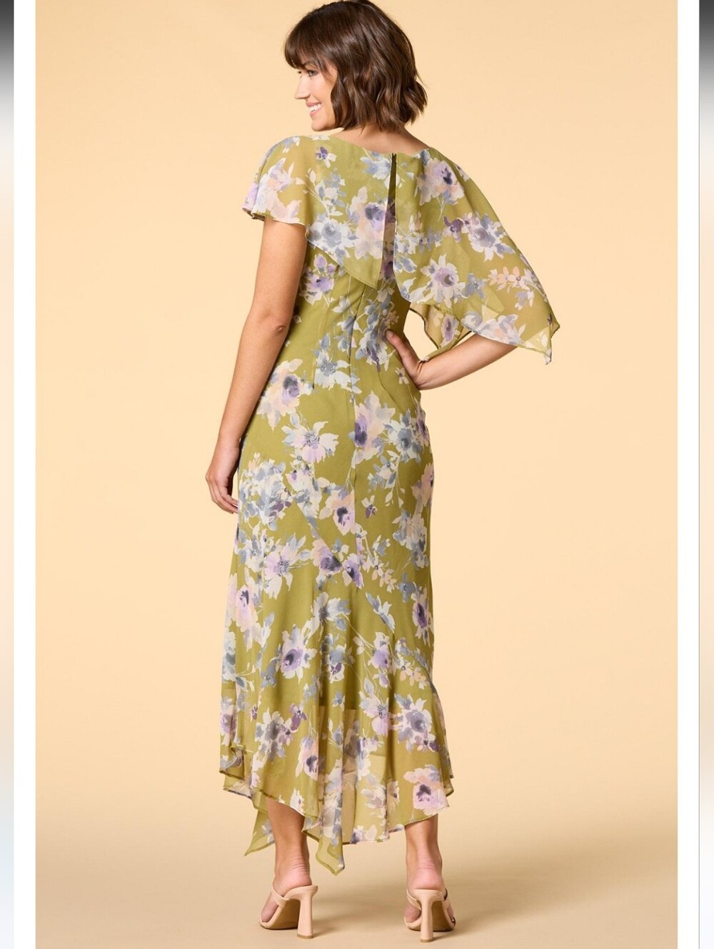 Zarr Collection Floral Ruffle Midi Dress in Olive Green NWT - Picture 2 of 5